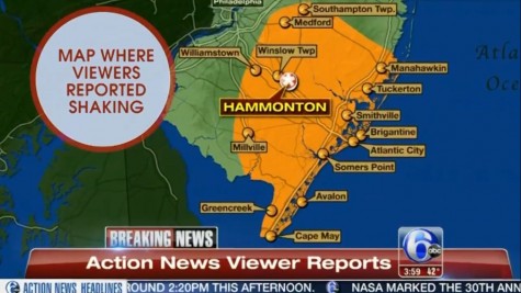 Map of where the sonic booms have been reported in Southern New Jersey.