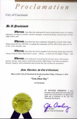 The official proclamation of "Tom Otten Day" in Cincinnati 