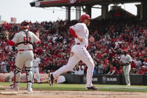 Zack Cozart had three hits and a sacrifice during the Reds 6-2 win on Opening Day over the Phillies
