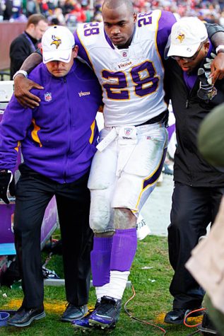 Adrian Peterson being carried off the field with a torn meniscus. 