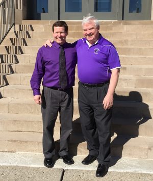 Mr. Ruffing and Mr. Otten posing for pictures after the announcement of Elder's new Principal