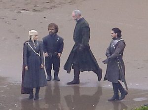 Daenerys, Tyrion, Jon Snow, and Lord Davos Seaworth on set