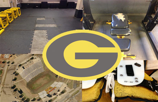 Grambling states logo with pictures of its facilities and equipment surrounding it 
