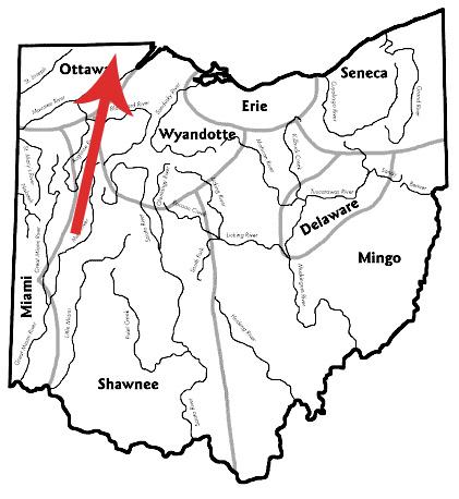 Map of Indian tribes of Ohio in the 18th century. The important Battle of Fallen Timbers is indicated by the red arrow.