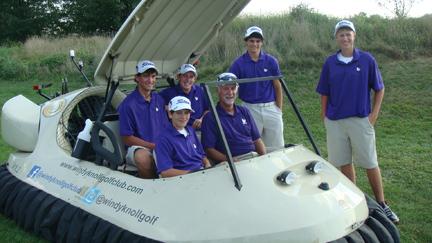 This photo was taken this summer at Windy Knoll golf course with the Elder golf team.This hovercraft golf cart is much larger than the engineering clubs prototype that is still in development.