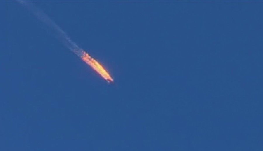 Russian warplane after being shot down by Turkish defense