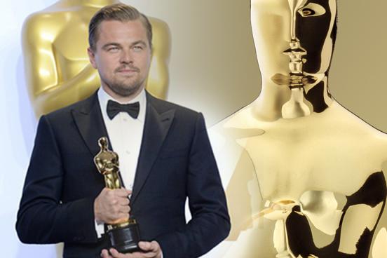 Leonardo DiCaprio with his first Oscar won for his performance in The Revenant.