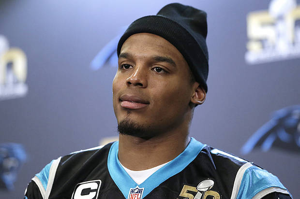 Carolina Panthers quarterback Cam Newton  fields questions during a press conference in preparation for the Super Bowl 50 football game Thursday Feb. 4, 2016 in San Jose, Calif. (AP Photo/Marcio Jose Sanchez)
