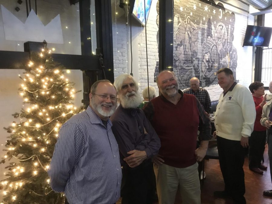 A triumvirate of great Elder facial hair at the staff Christmas gathering on December 3, 2017. Mark Klusman (center) with friends Dr. John Hageman (left) and Mr. Roger Auer (right)