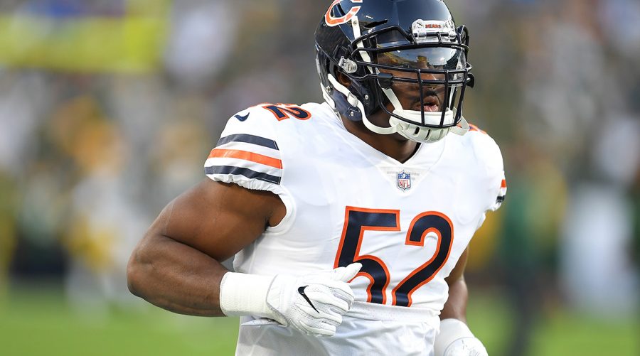 Mack had 3 tackles a forced fumble and an interception returned for a touchdown in his first game against the Green Bay Packers.