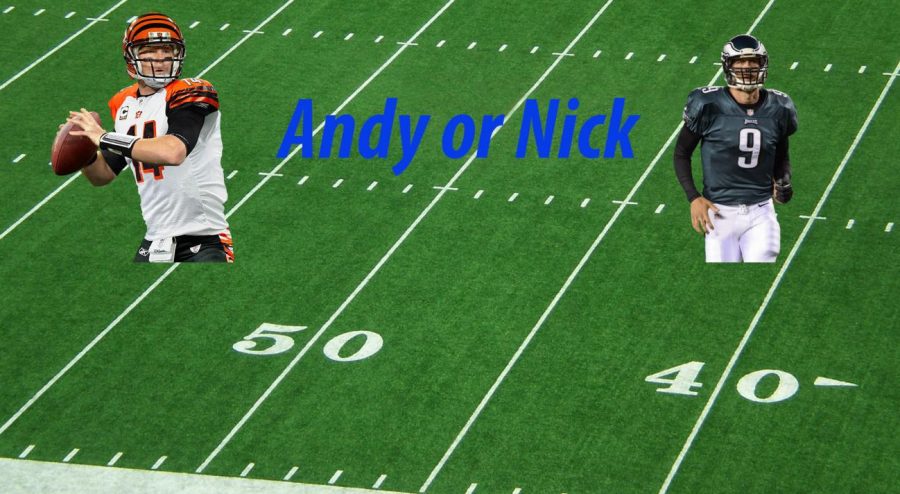 Picture of Andy Dalton and Nick Foles on a football field 