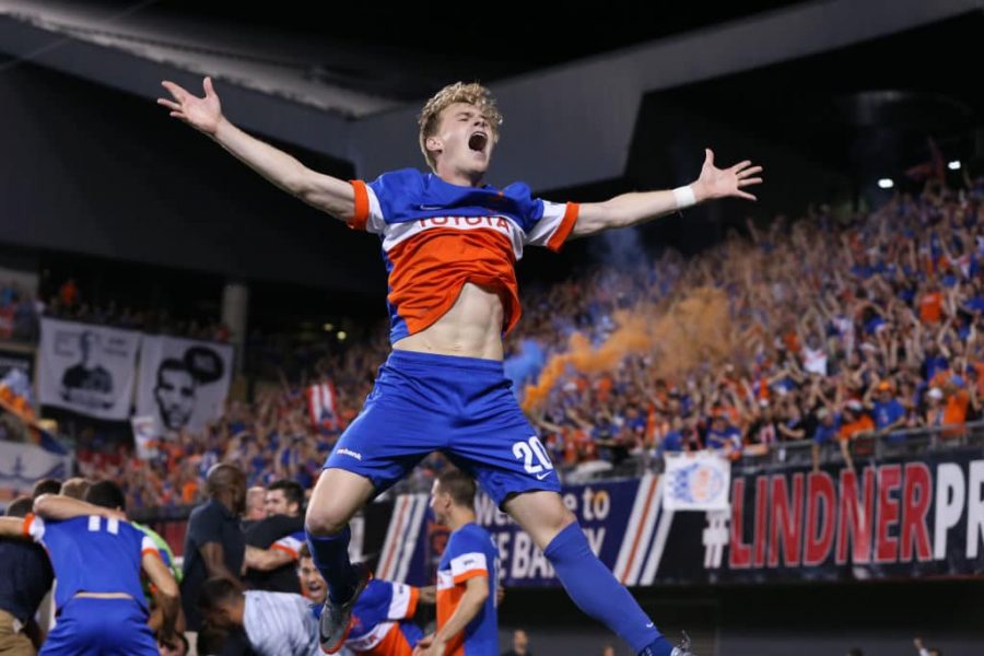 Jimmy McLaughlin Celebrates U.S. Open Cup win vs. Chicago Fire at Nippert Stadium on June 28, 2017