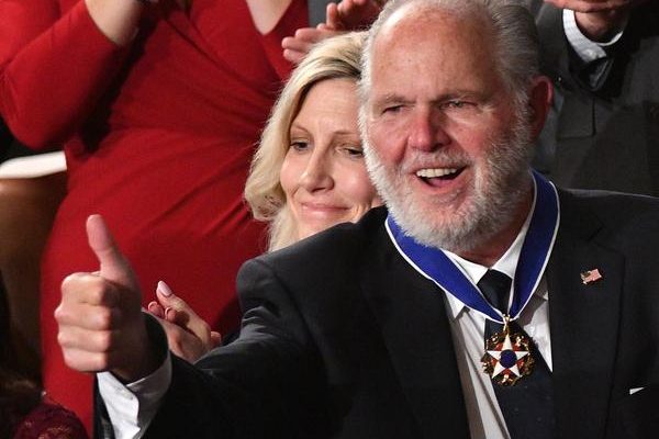 Rush Limbaugh gives a thumbs-up after receiving the Presidential Medal of Freedom from President Donald Trump at the 2020 State of the Union Address.