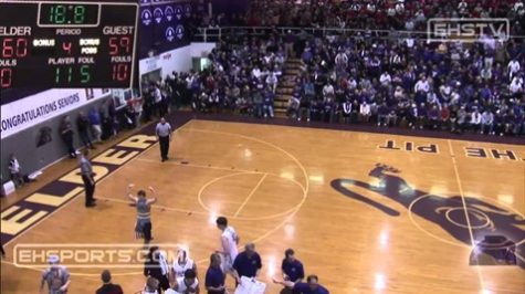 A packed house watches another big win in the fieldhouse (large panther in the center) over a GCL opponent as broadcast on EHSTV, the predecessor to todays ENN.