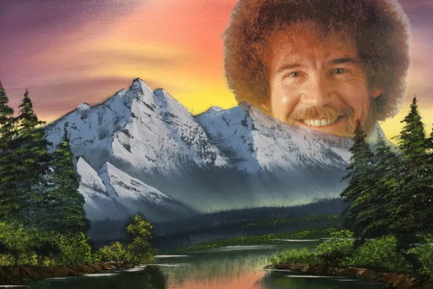 An iconic Bob Ross landscape features the unmistakable hair and smile of this famous artist.
