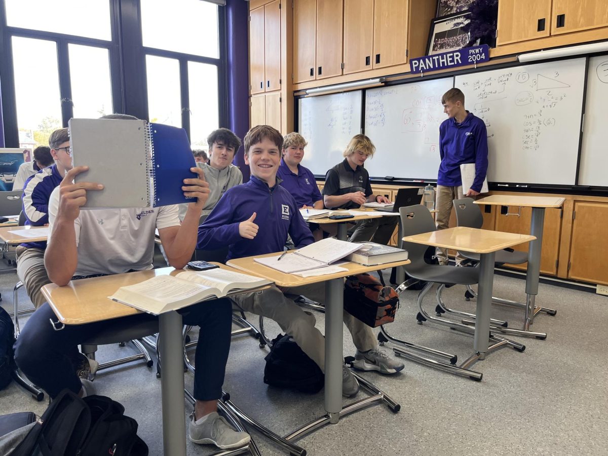 Joey Matthews (CO '25) giving a thumbs up while reviewing homework in his Pre AP Calculus class, an accelerated Precalculus class at Elder High School. This does not mean Joey wishes to major in a field heavy in math, however, with Joey saying that he has recently set his mind on striving to become a Radiologist, something that is not very math based and uses mostly Statistics.