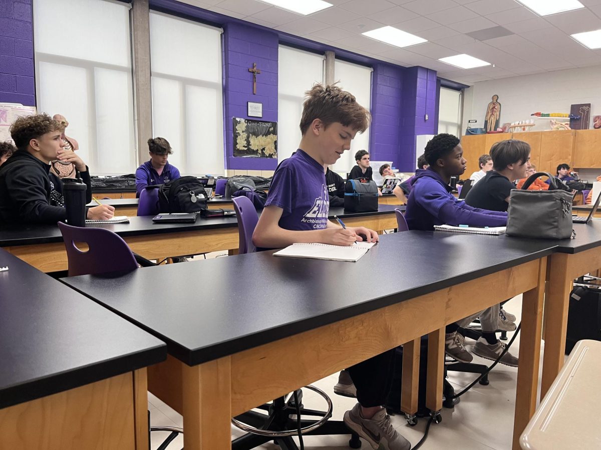 Joey now taking notes in Physiology, a very important class to him in his decision to become a Radiologist. He switched to this science class from AP Physics C: Mechanics because he decided on his college path only a few weeks into his final year here at Elder High School.