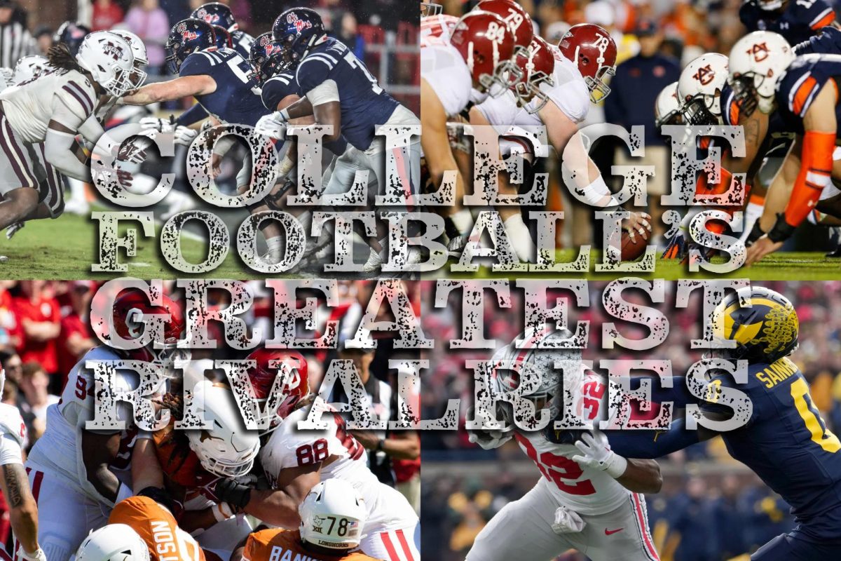 Great college football rivalries feature annual games between historic rivals: (clockwise) Ole Miss/Mississippi State; Auburn/Alabama; Oklahoma/Texas; and Michigan/Ohio State.